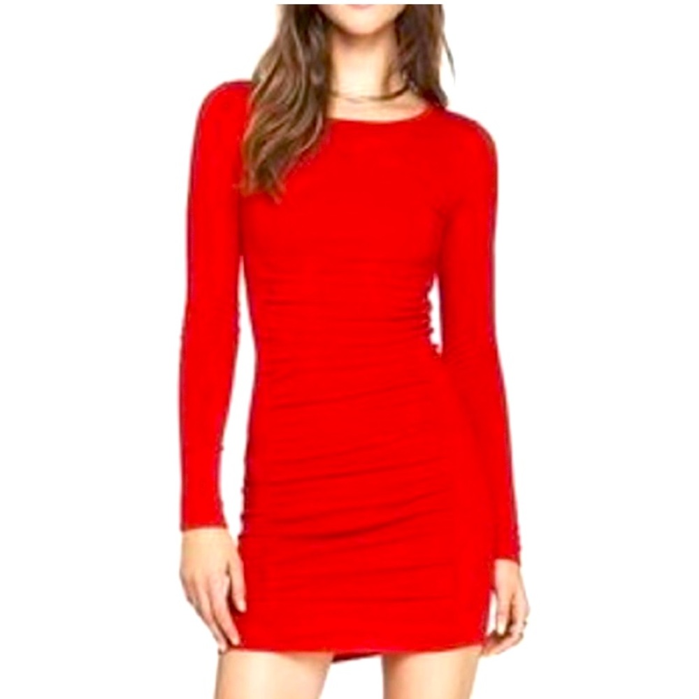 Express Ruched Side Long Sleeve Red Dress